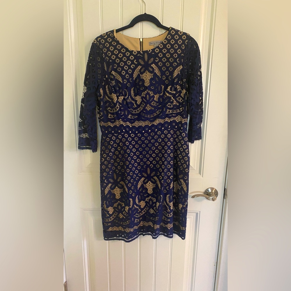 Danny & Nicole Blue and Cream Sheath Dress with Cuffed Sleeves